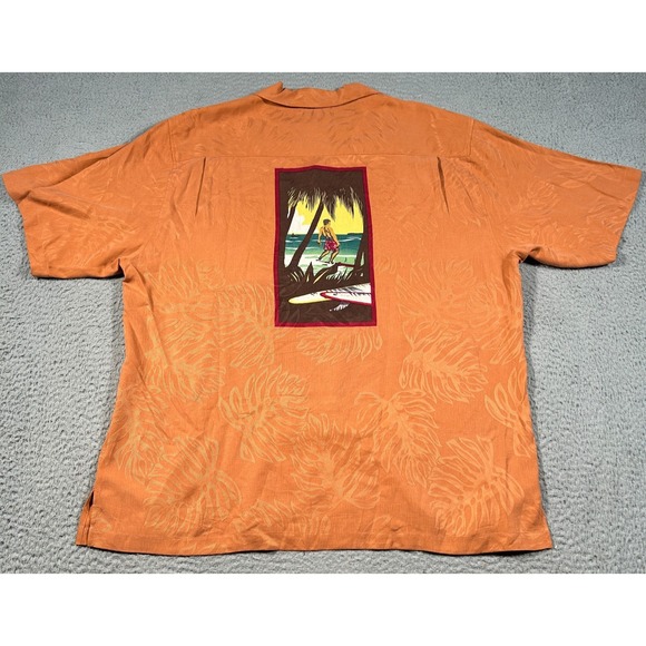 Reyn Spooner M.Field Shirt Men Large Orange Silk Button Up Hawaiian Surfer Print - Picture 2 of 7